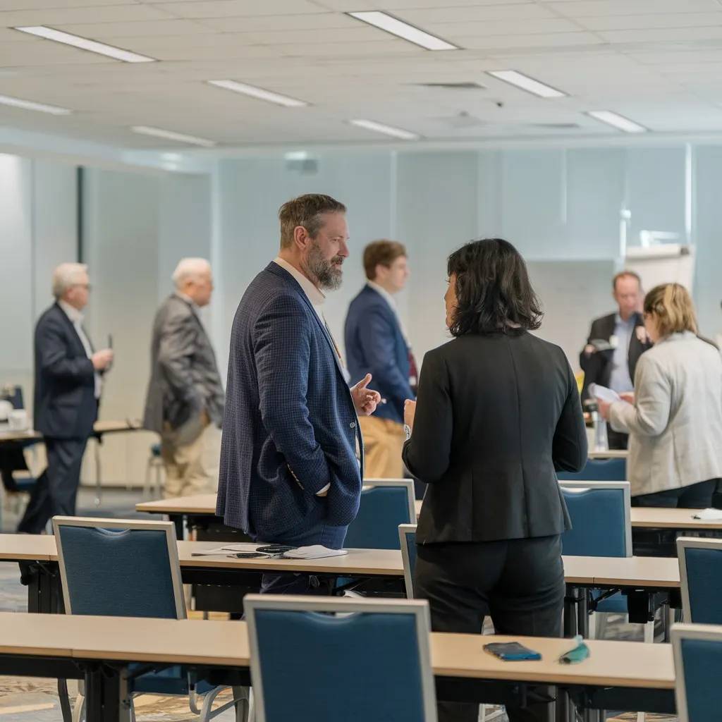 Profesionales conversando en una conferencia empresarial sobre estrategias de datos y nube