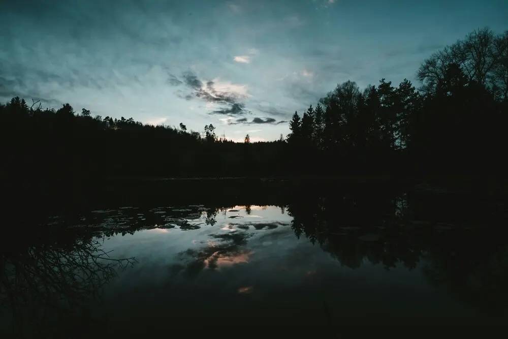 Paisaje con un lago reflejando el bosque al atardecer, simbolizando la reflexión sobre el futuro del desarrollo impulsado por IA.