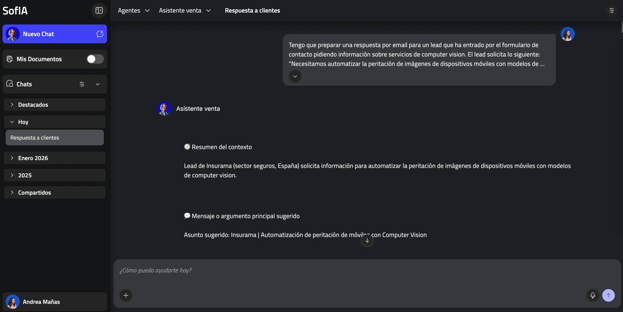 imagen del front de sofIA como asistente de venta comercial