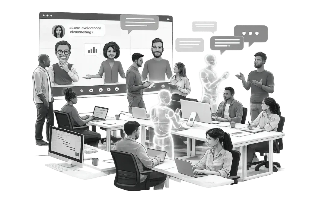 equipo de trabajadores colaborando con equipo virtual de agentes autónomos