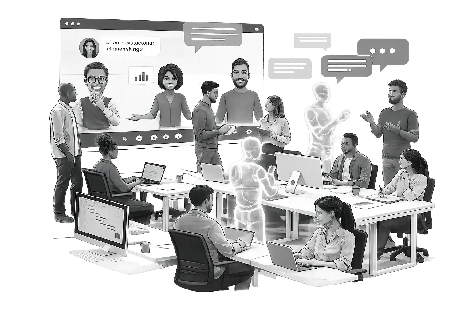 equipo de trabajadores colaborando con equipo virtual de agentes autónomos